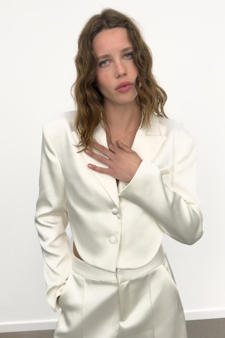 a KEYLA Satin Crop Blazer
