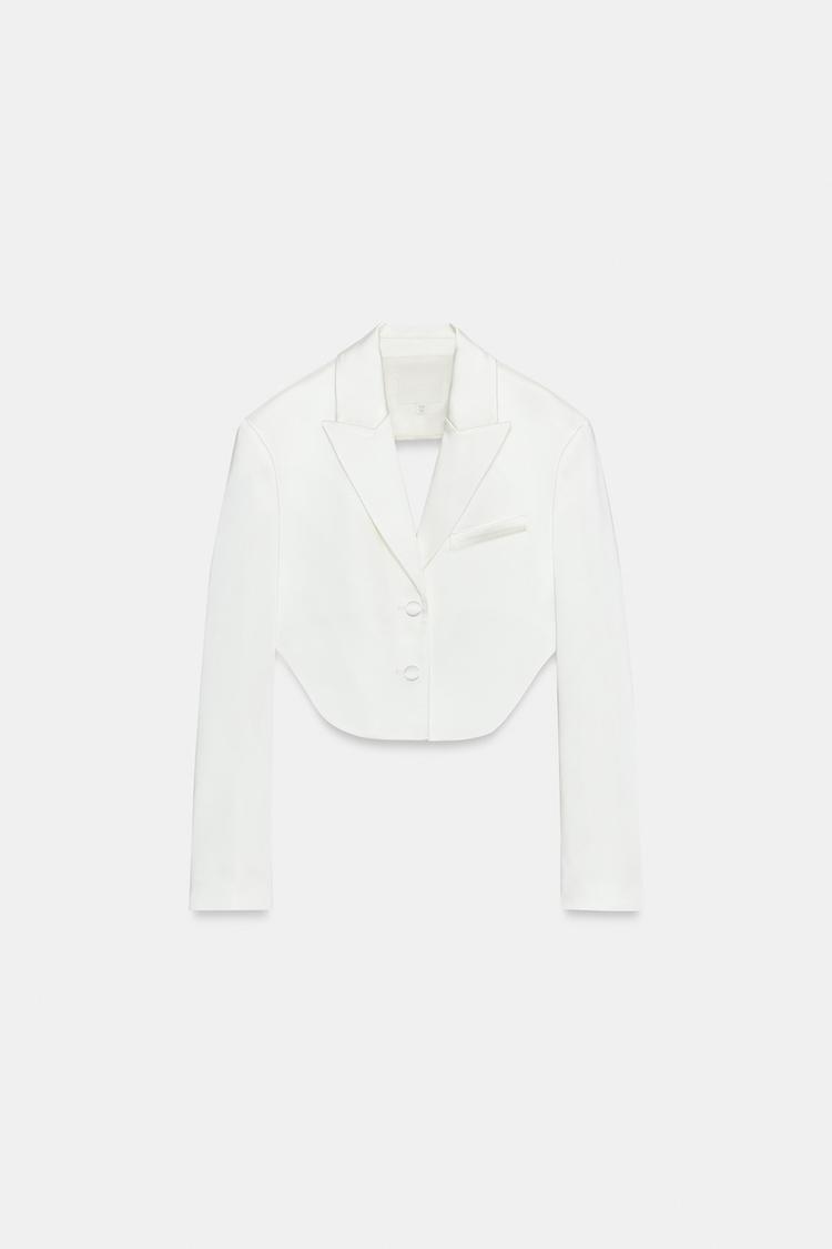 a KEYLA Satin Crop Blazer