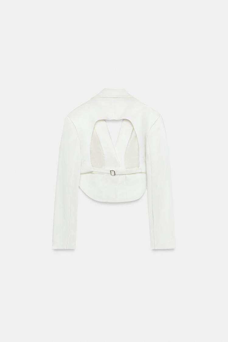 a KEYLA Satin Crop Blazer