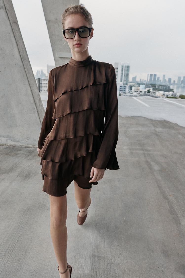 A BEA Satin Effect Ruffled Short Dress