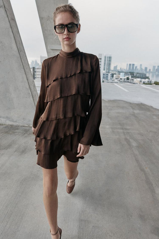A BEA Satin Effect Ruffled Short Dress