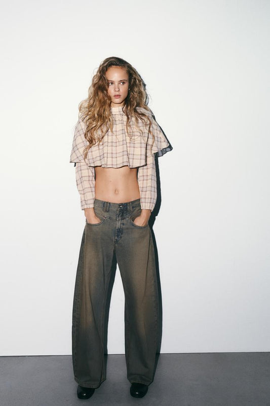 A CAMILLE Plaid Cape Crop Top