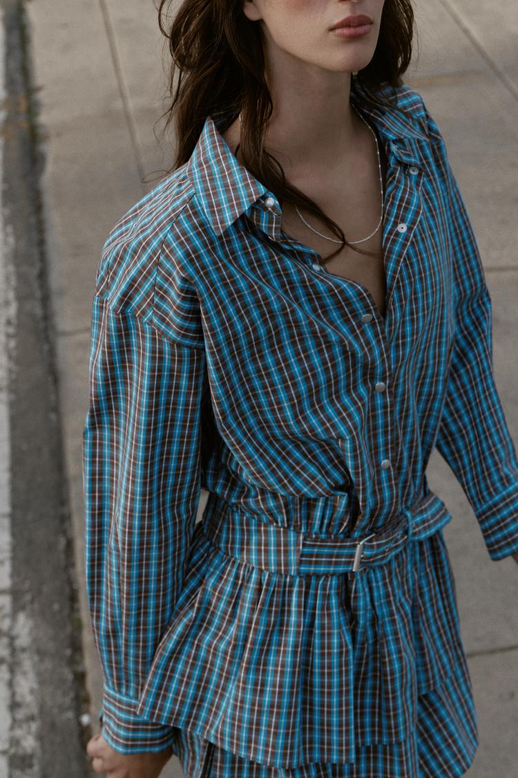 A CHLOE Plaid Ruffled Belted Short Dress
