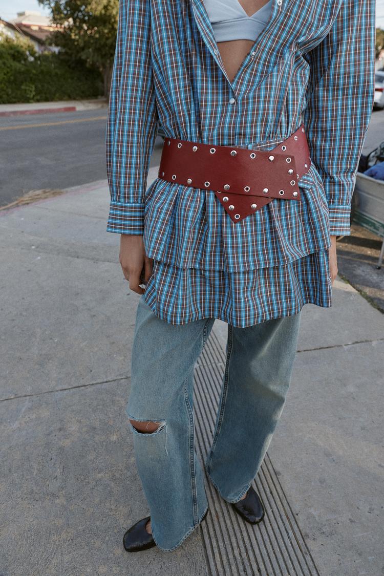 A CHLOE Plaid Ruffled Belted Short Dress