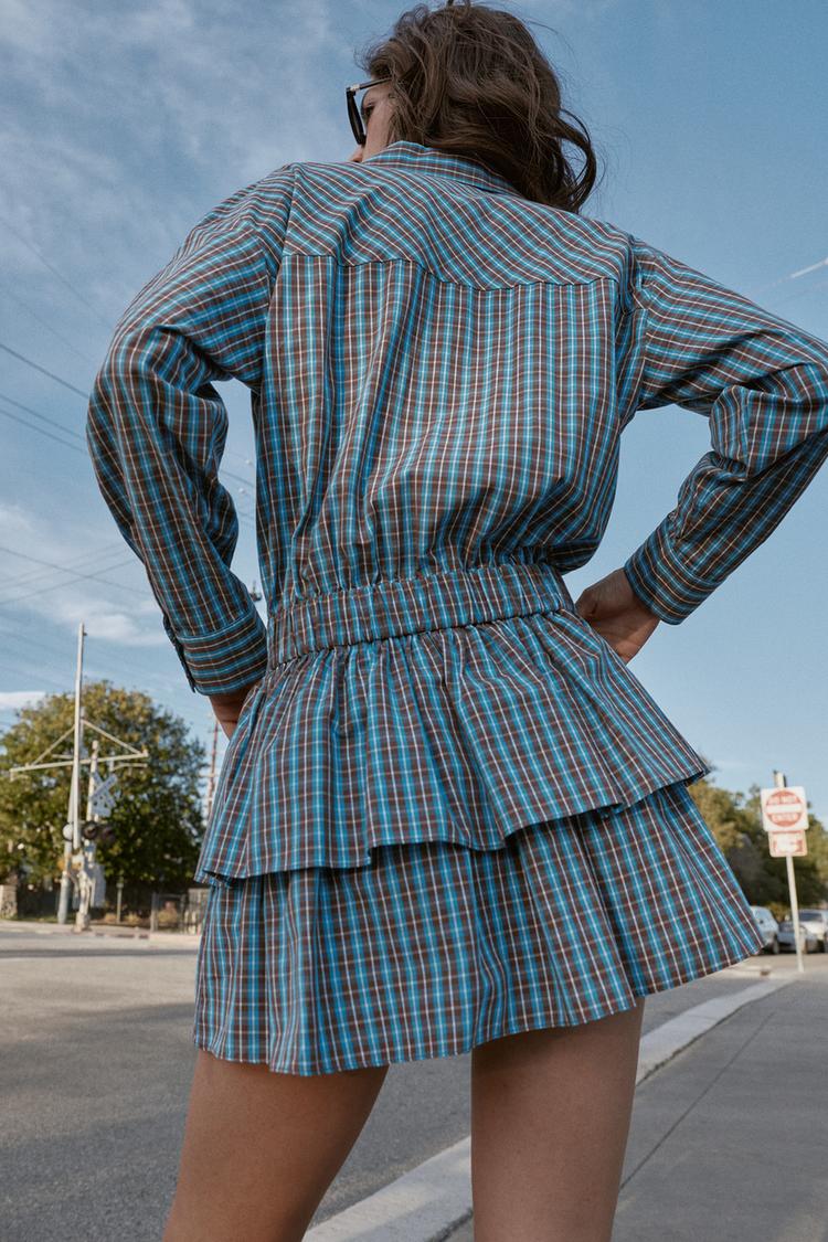 A CHLOE Plaid Ruffled Belted Short Dress