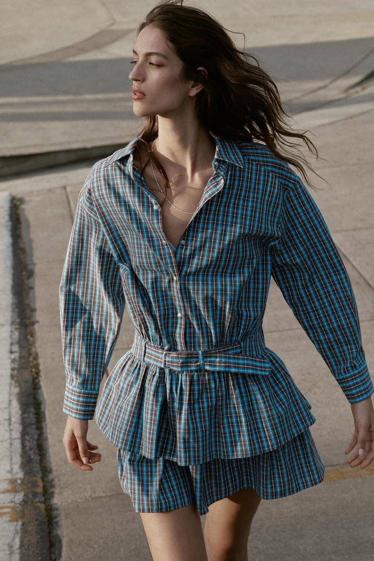 A CHLOE Plaid Ruffled Belted Short Dress