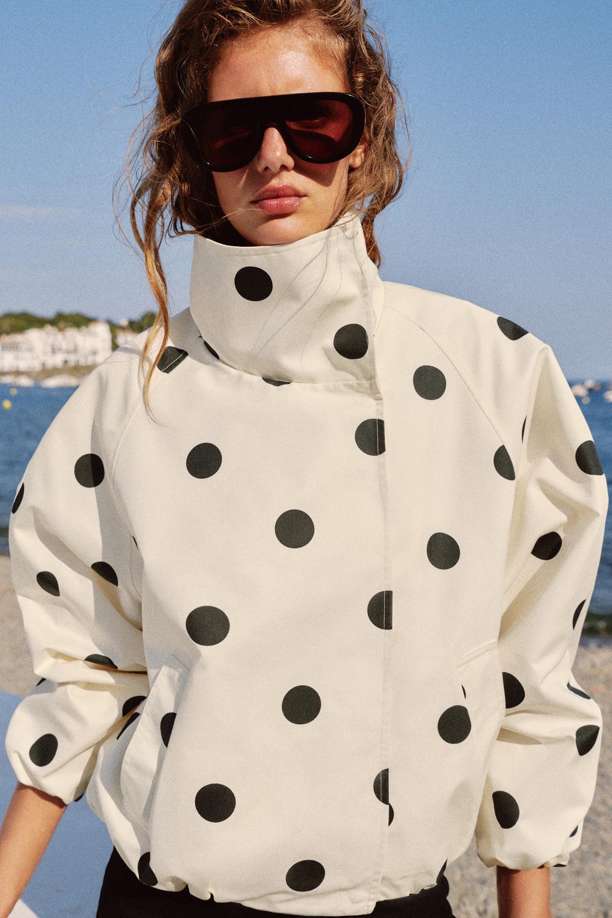 a ARIKA POLKA DOT BOMBER JACKET