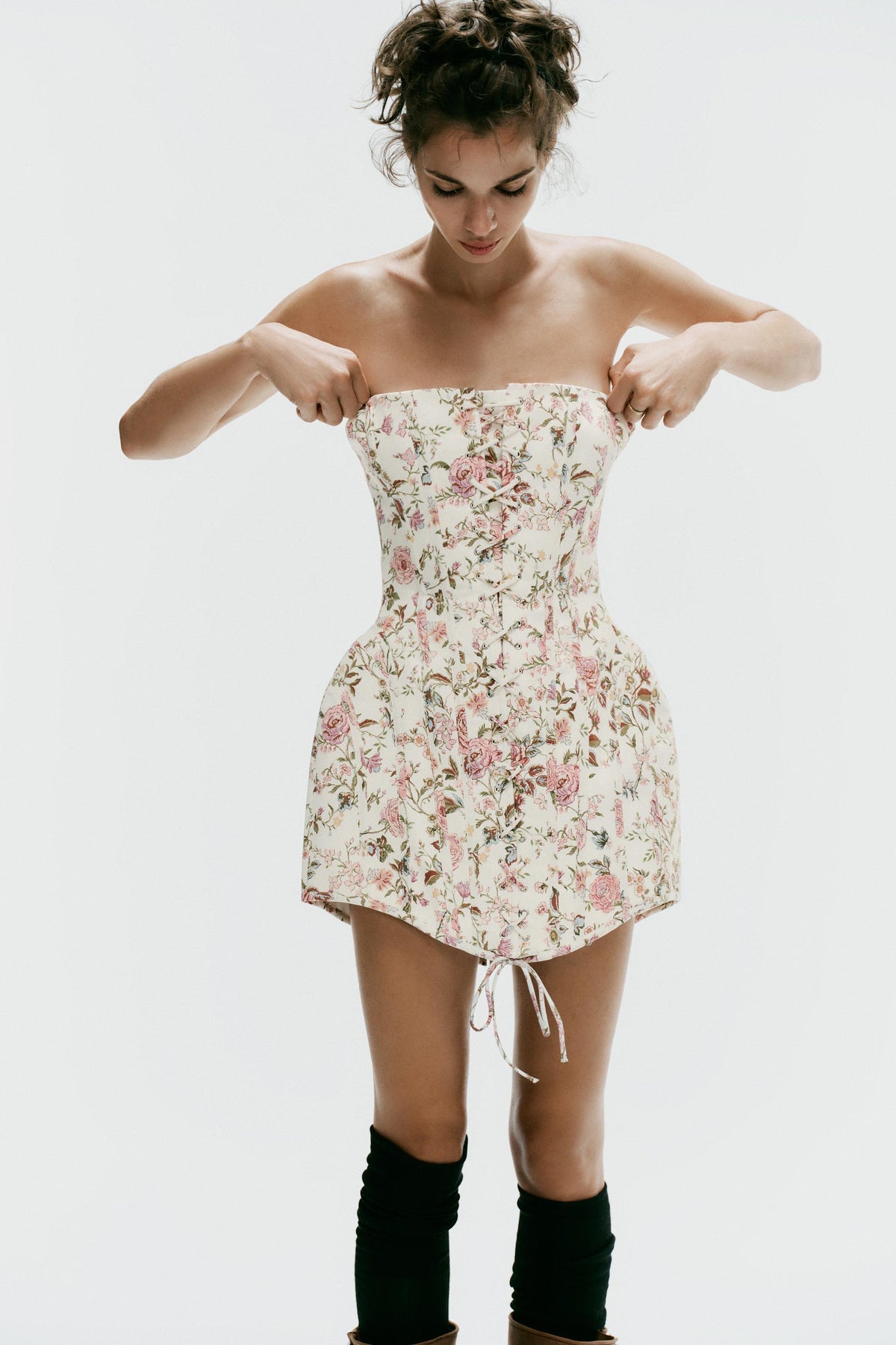 a ZOE FLORAL PRINT OFF-THE-SHOULDER DRESS