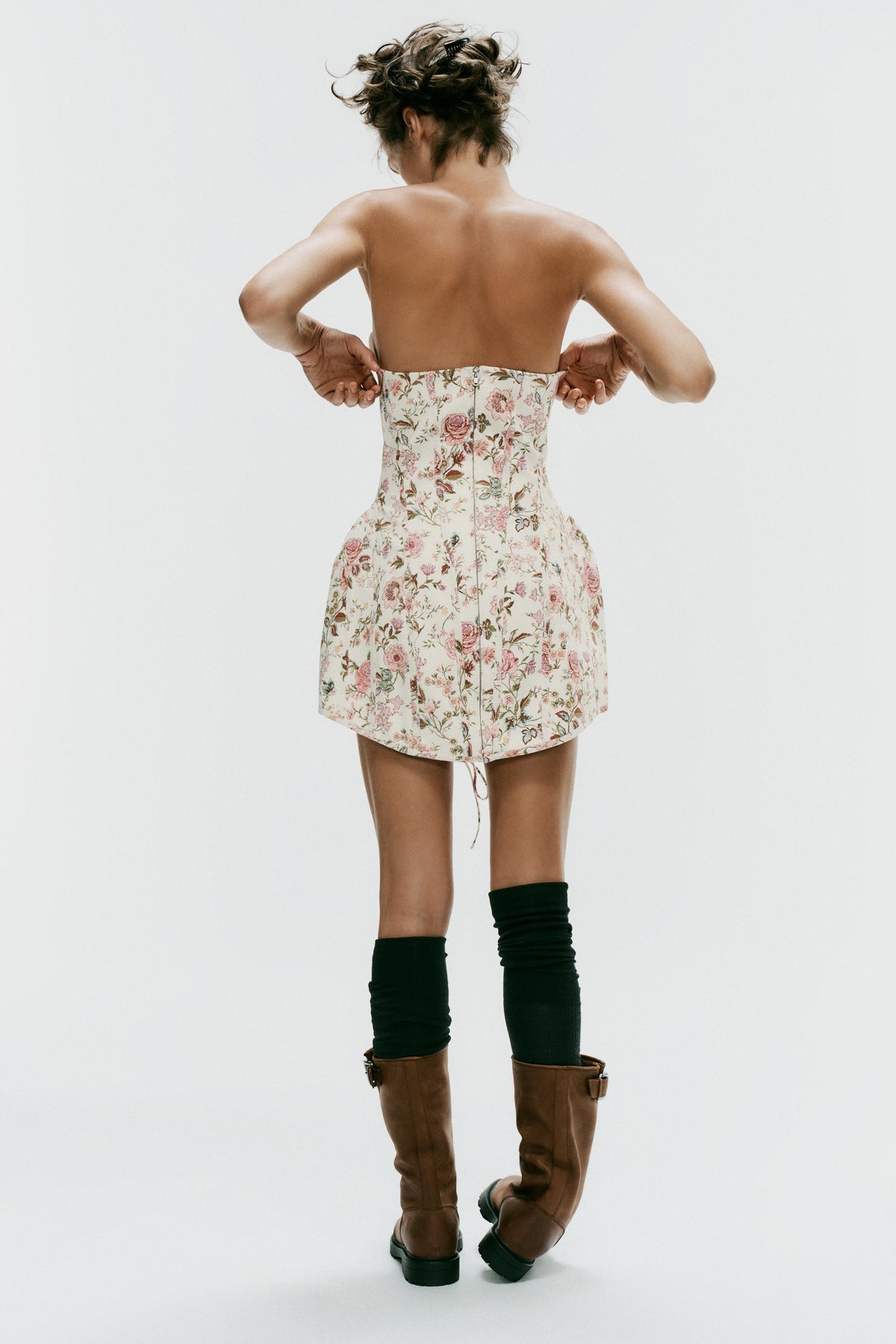a ZOE FLORAL PRINT OFF-THE-SHOULDER DRESS